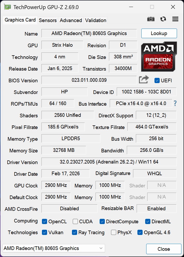 The TechPowerUp GPU-Z 2.69.0 interface displays specifications for the AMD Radeon 8060S Graphics, including a 4 nm Strix