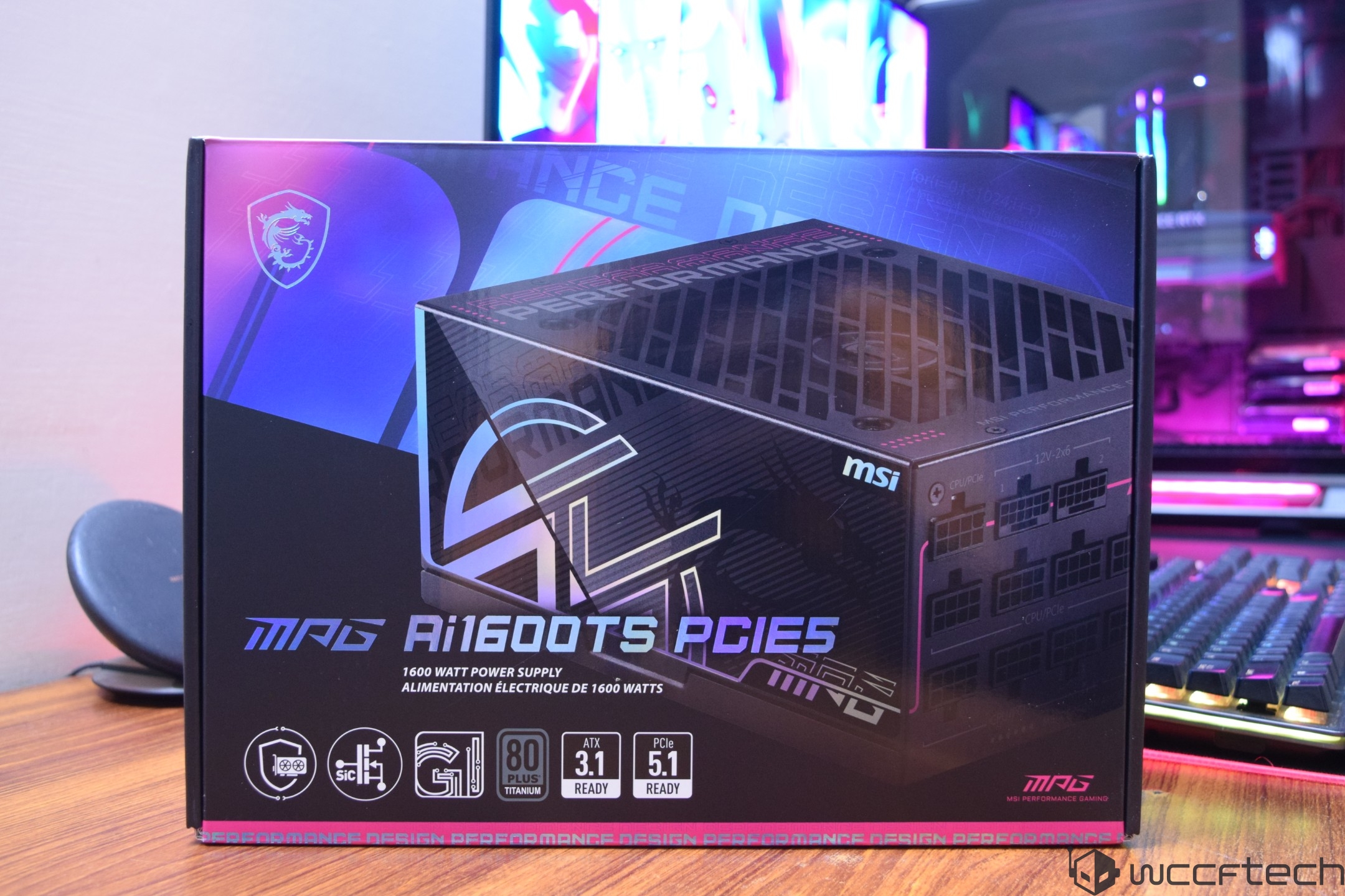 The image shows the packaging of an MSI MAG Ai1600T5 PCIe5 1600 Watt power supply, highlighting its '80 Plus Titanium' certification and readiness for 'ATX 3.1' and 'PCIe 5.1'.
