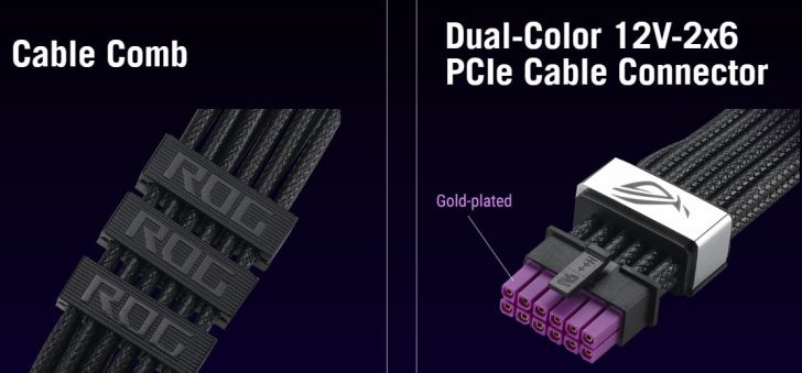 The image shows a dual-color 12V-2x6 PCIe cable connector with gold-plated pins and a ROG cable comb.