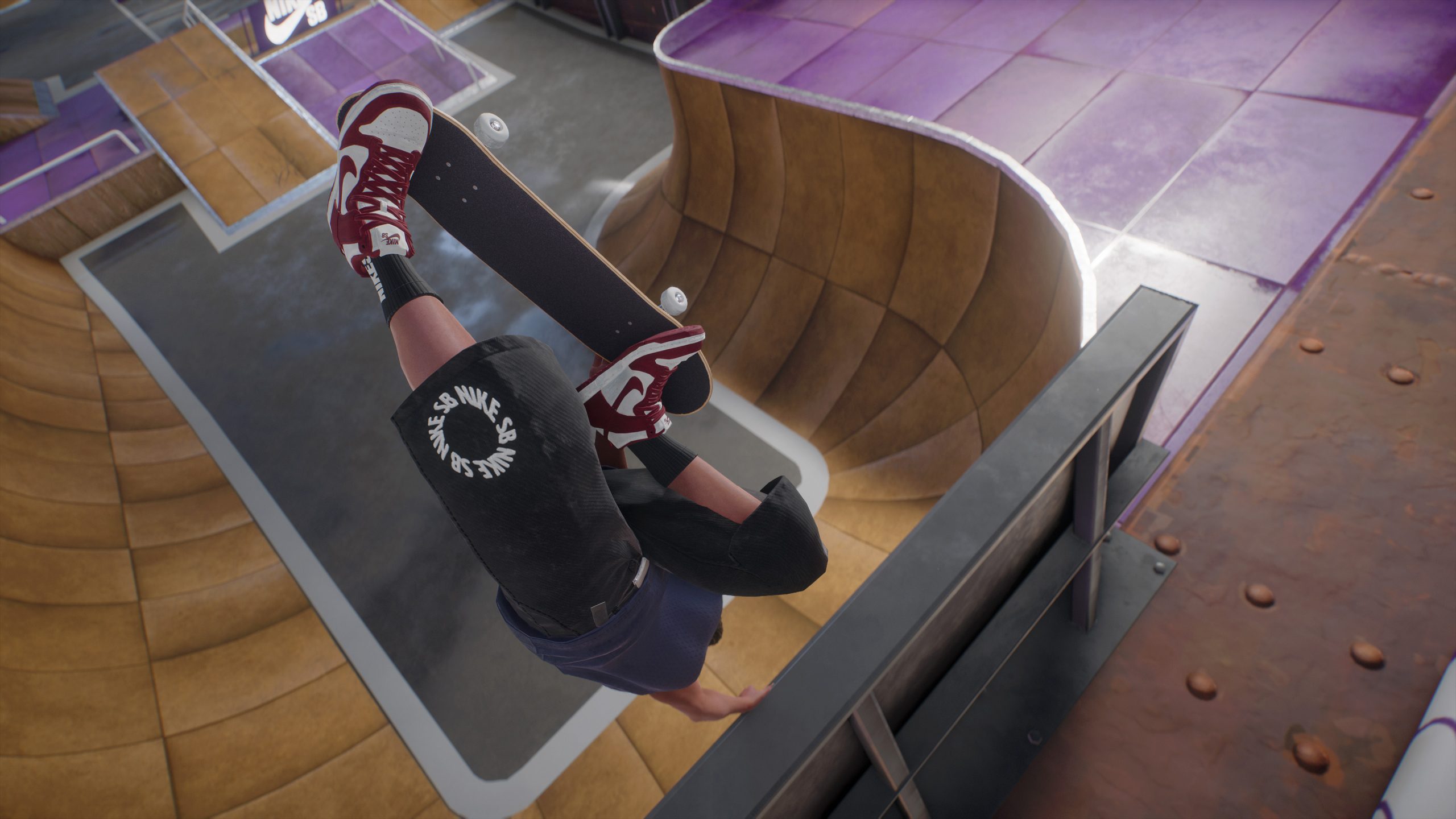 A skateboarder wearing 'Nike SB' shorts and sneakers performing a trick in a skate park within a video game.