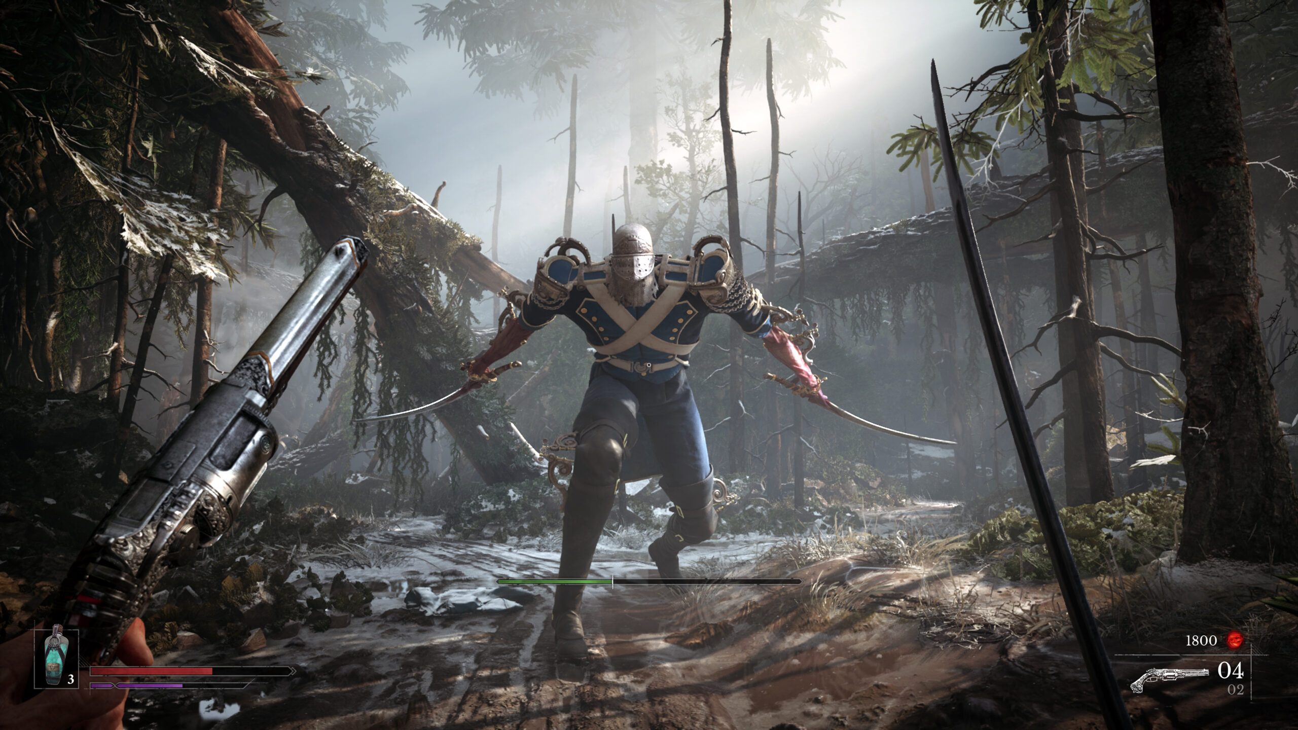 A gameplay scene from the video game Valor Mortis shows a character with dual swords preparing to attack in a forest setting, with the player aiming a firearm at the character.