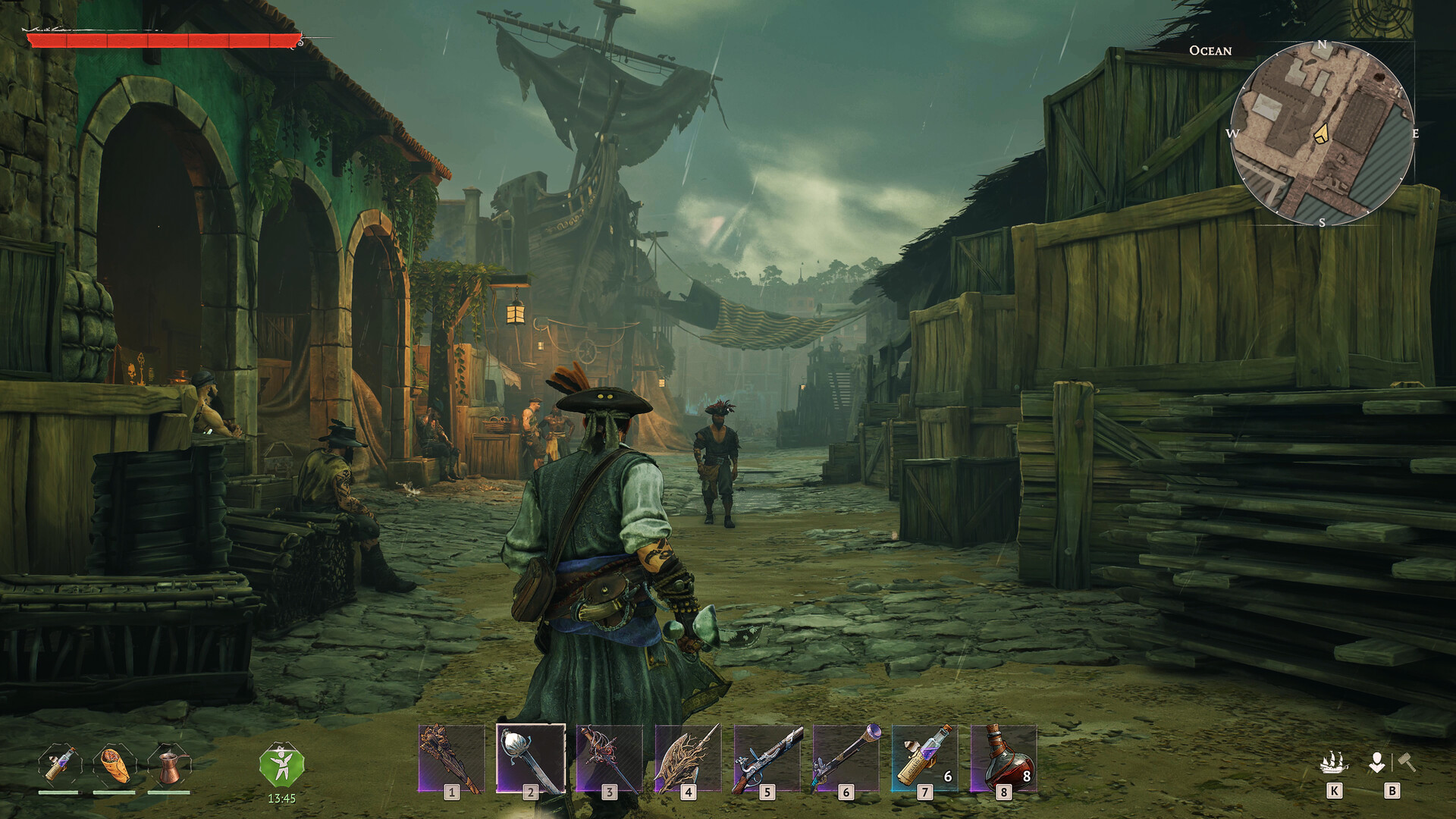 A character in a pirate-themed game walks through a detailed port town with a ship in the background, displaying a weapon inventory and mini-map labeled 'Ocean'.