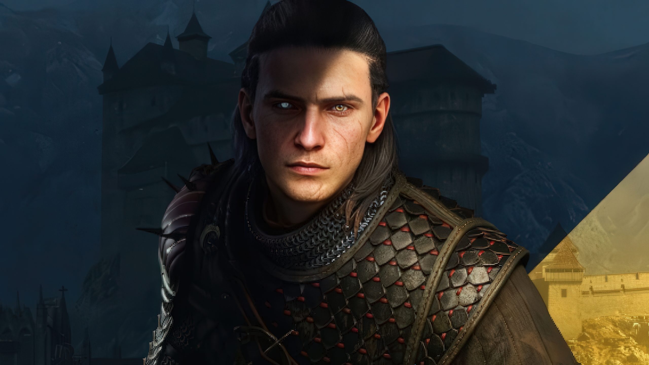 Coen, protagonist of The Blood of Dawnwalker, wearing detailed armor stands in front of a medieval castle backdrop.