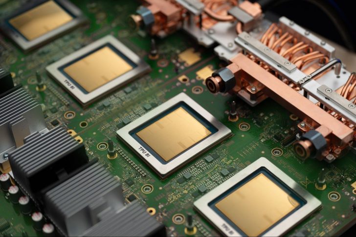 A close-up of a circuit board showing multiple 'TPU v4' chips with cooling components attached.