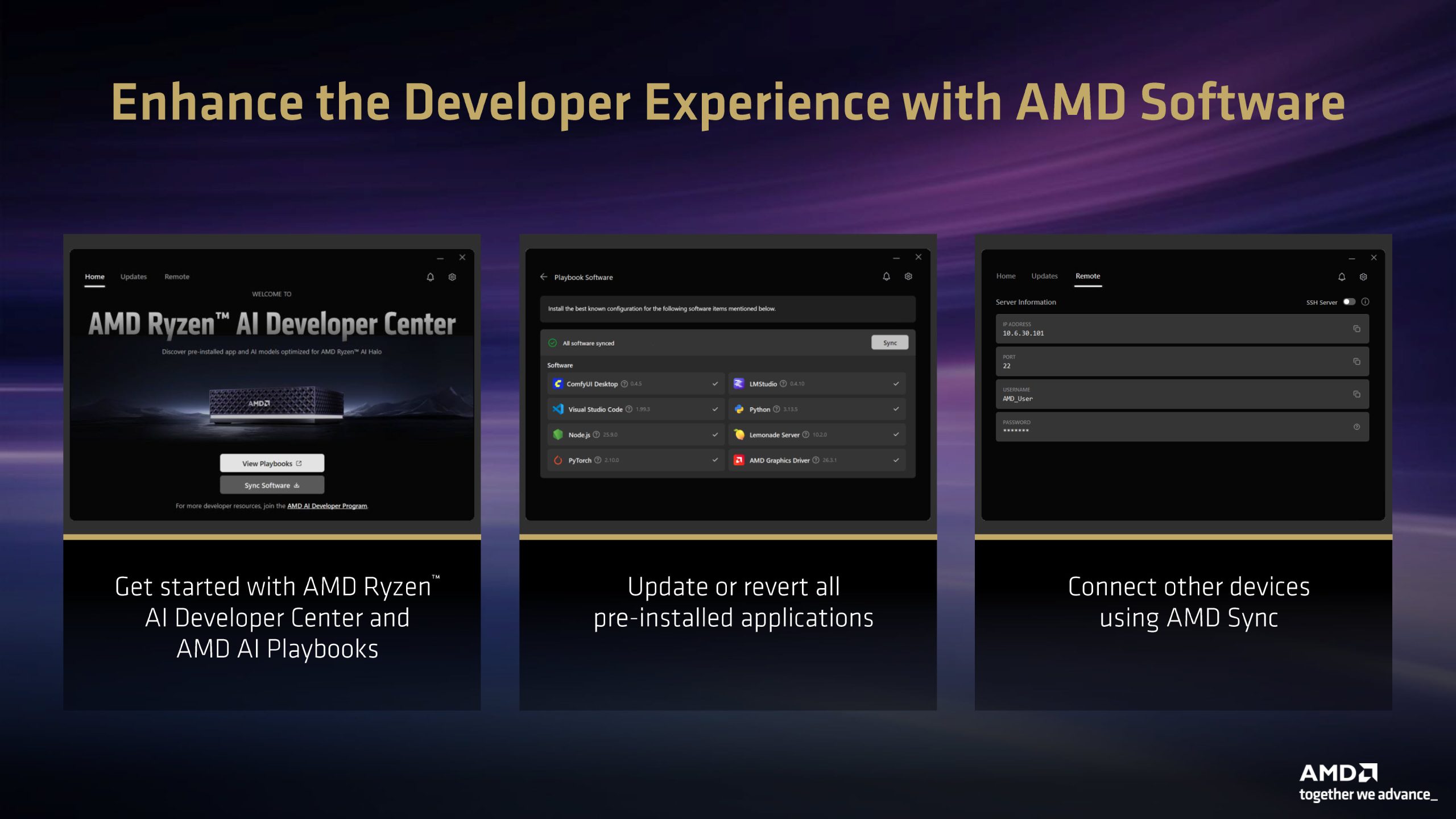 Three interface screens of the 'AMD Ryzen AI Developer Center' showcasing features like software syncing, managing pre-installed applications, and device connectivity with AMD Sync.