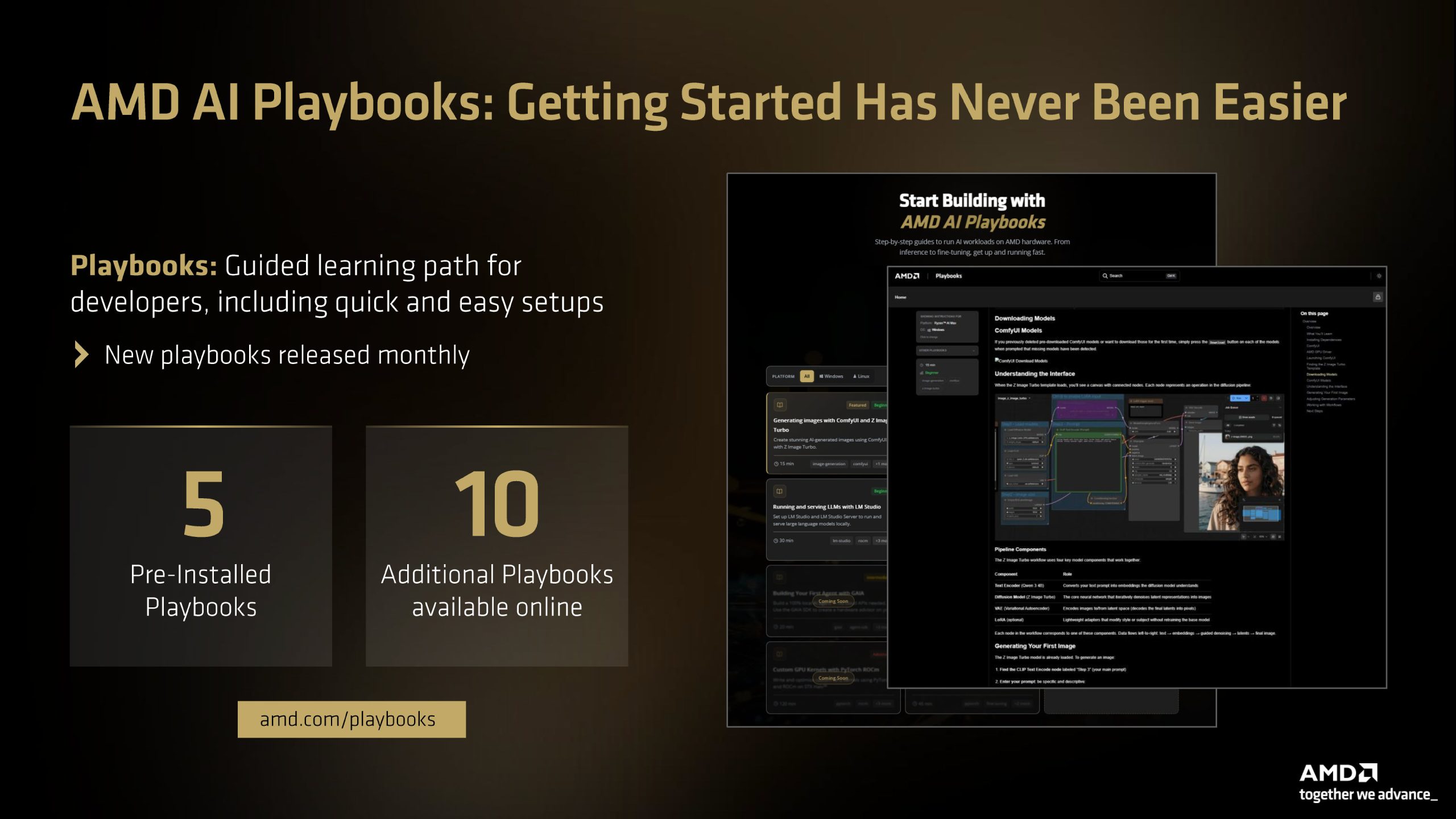 The image highlights 'AMD AI Playbooks: Getting Started Has Never Been Easier' with details on 5 pre-installed playbooks and 10 additional playbooks available online, featuring a screenshot of a guide titled 'Start Building with AMD AI Playbooks.'