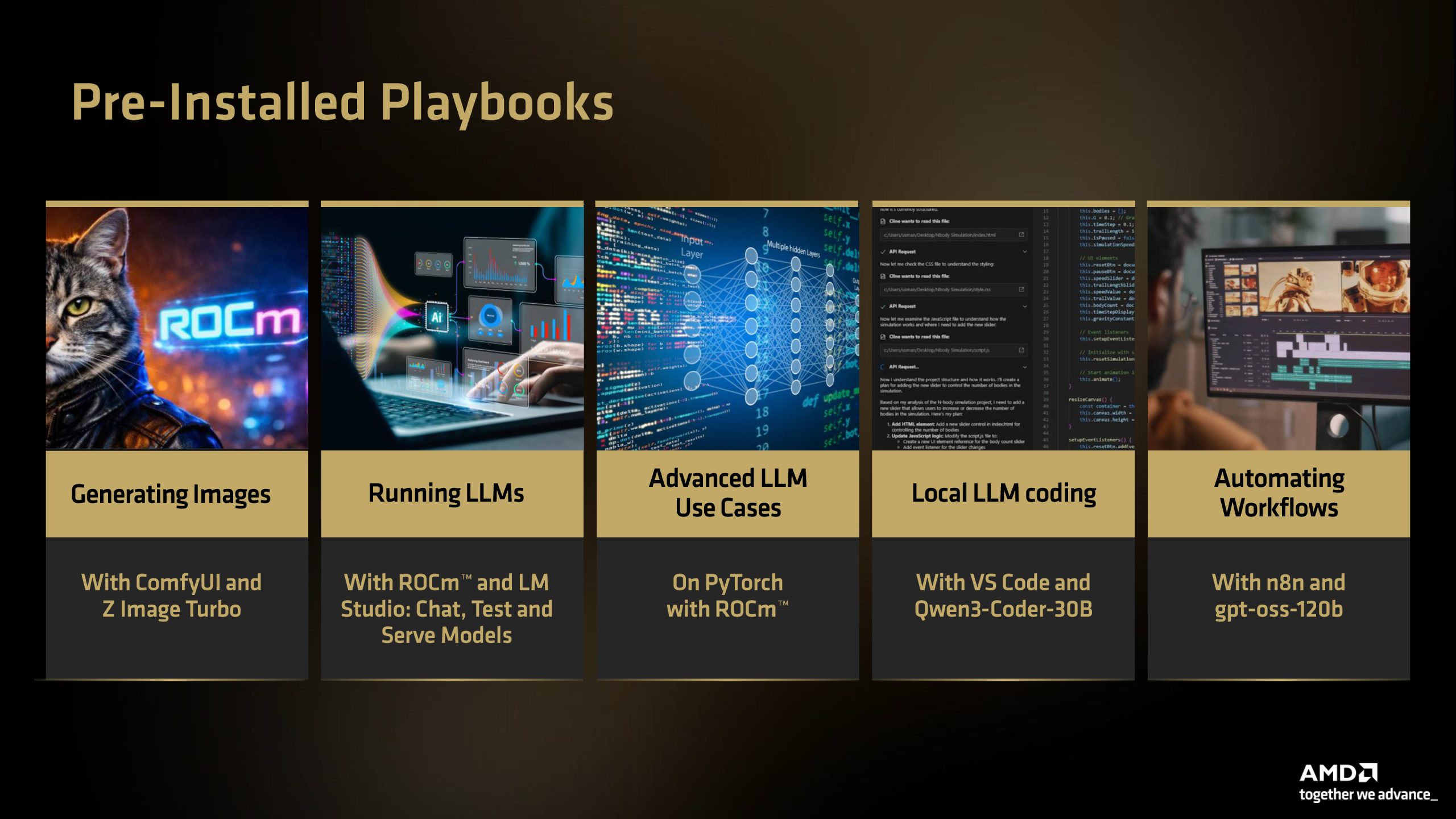 A presentation slide titled 'Pre-Installed Playbooks' features five categories: Generating Images, Running LLMs, Advanced LLM Use Cases, Local LLM coding, and Automating Workflows, with tools like 'ROCm,' 'ComfyUI,' 'PyTorch,' 'VS Code,' 'Qwen3-Coder-30B,' and 'gpt-oss-120b.'
