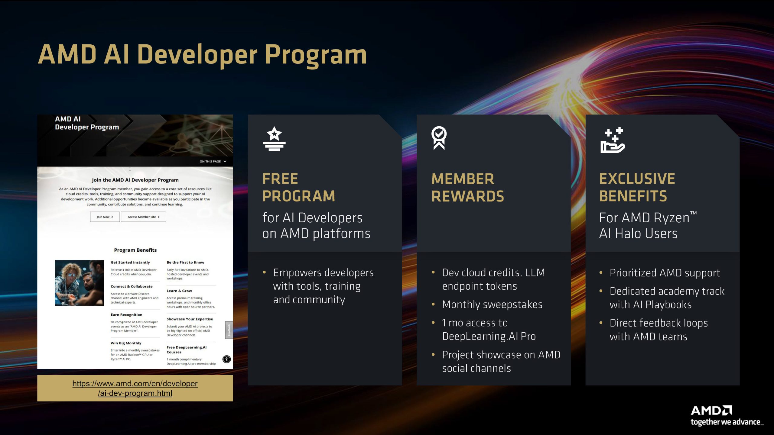 The image showcases the AMD AI Developer Program with sections detailing a Free Program for AI Developers on AMD platforms, Member Rewards, and Exclusive Benefits for AMD Ryzen AI Halo Users, emphasizing tools, training, and community support.