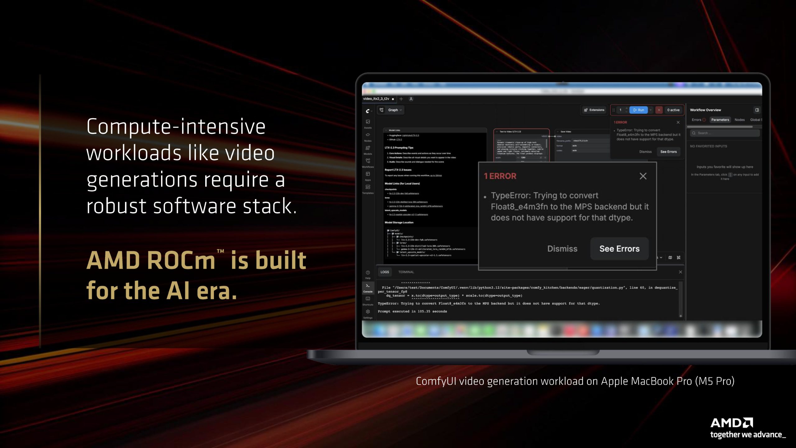 An Apple MacBook Pro (M5 Pro) screen shows a ComfyUI video generation error message alongside text highlighting AMD ROCm is built for the AI era.