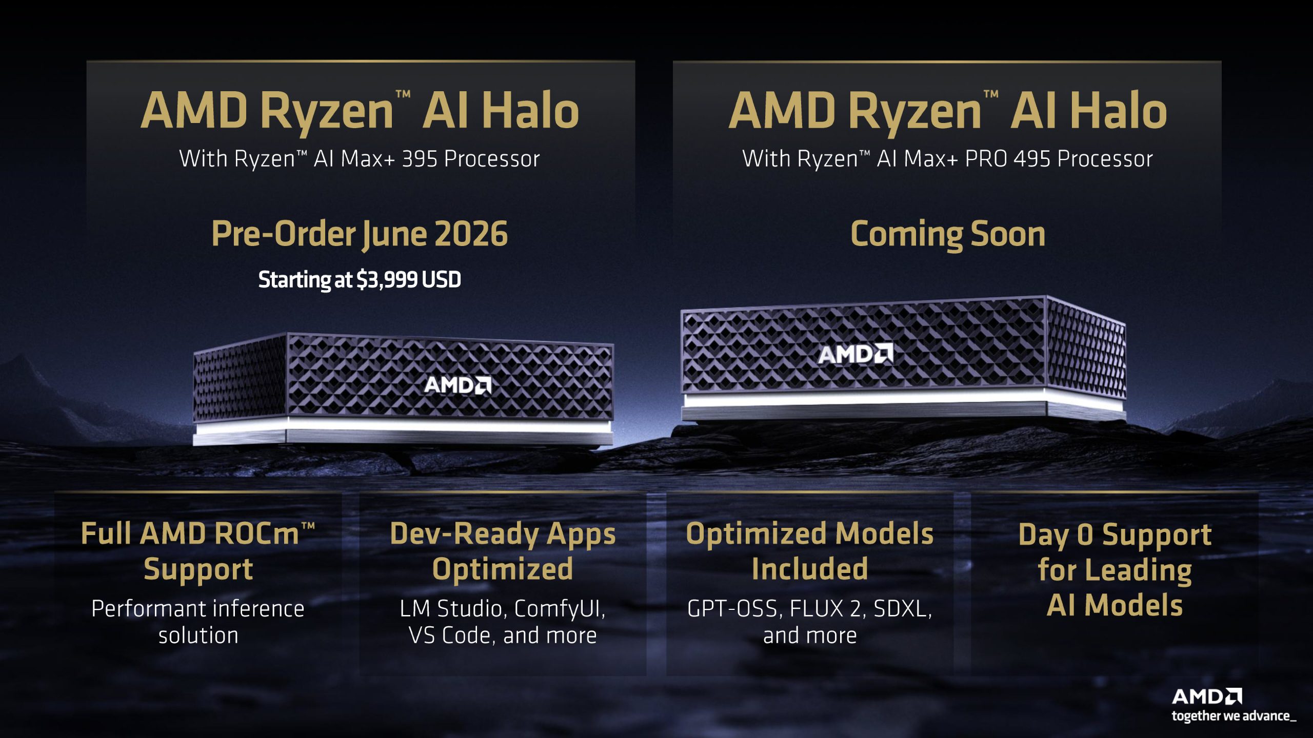 Two AMD Ryzen AI Halo processors are displayed with text announcing pre-orders for the Ryzen AI Max+ 395 in June 2026 starting at $3,999 USD and the Ryzen AI Max+ PRO 495 as 'Coming Soon,' highlighting features like 'Full AMD ROCm Support' and 'Day 0 Support for Leading AI Models.'