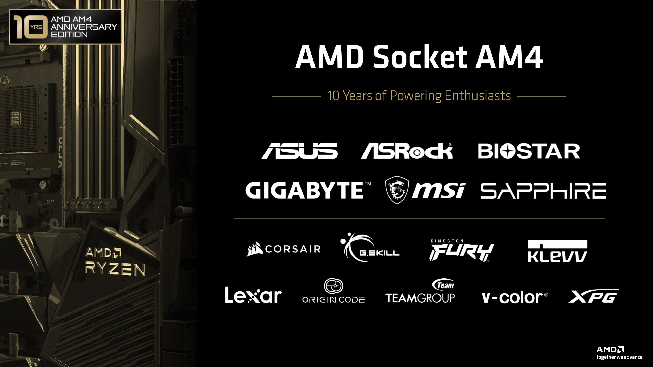 The image features a slide celebrating 'AMD Socket AM4' with logos of brands like ASUS, ASRock, GIGABYTE, and MSI, marking '10 Years of Powering Enthusiasts.'