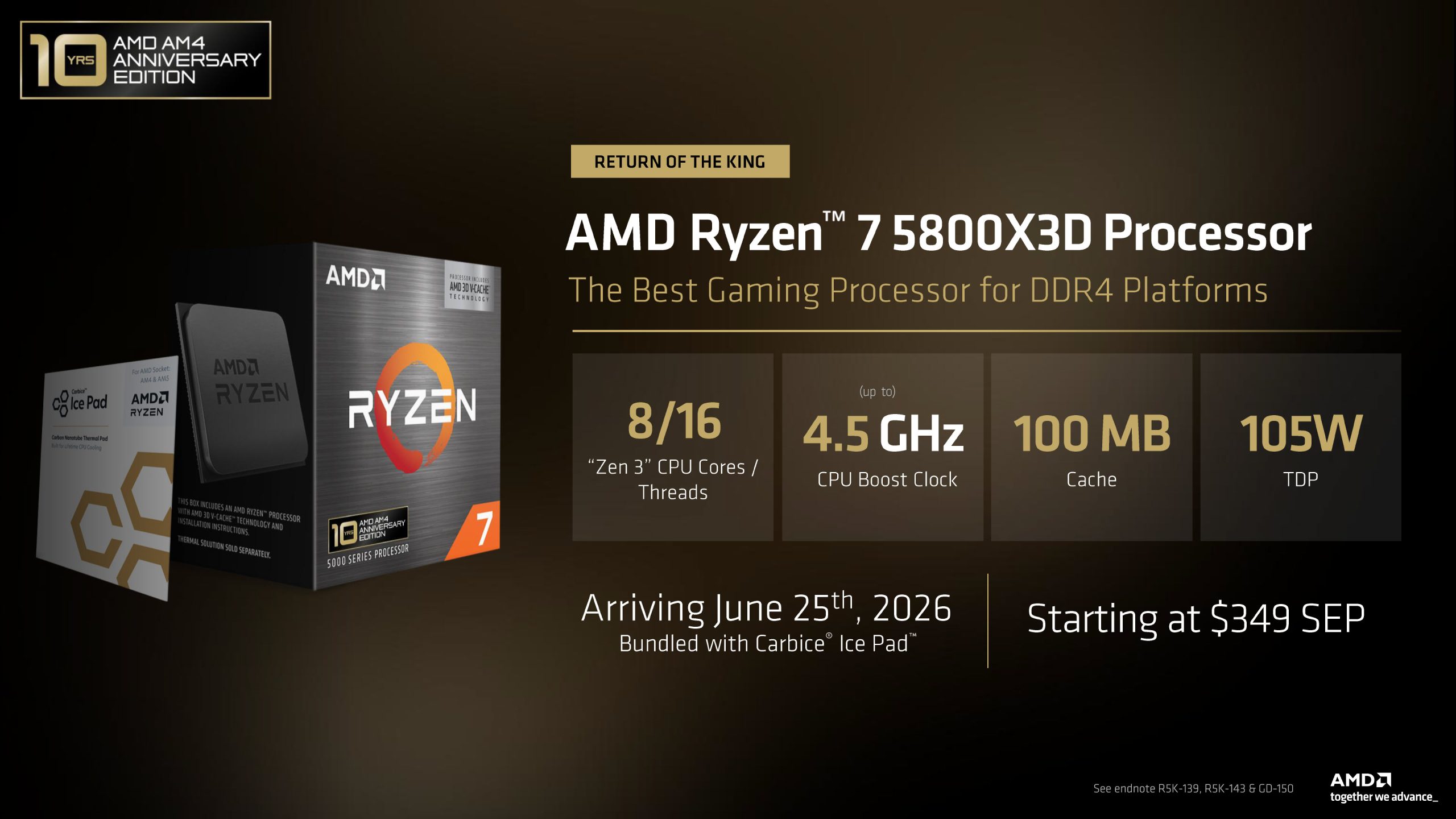 A product image of the AMD Ryzen 7 5800X3D processor box, highlighted as the 'Best Gaming Processor for DDR4 Platforms', with specifications including 8/16 'Zen 3' CPU cores/threads, up to 4.5 GHz CPU boost clock, 100 MB cache, and 105W TDP, arriving June 25th, 2026, starting at $349 SEP.
