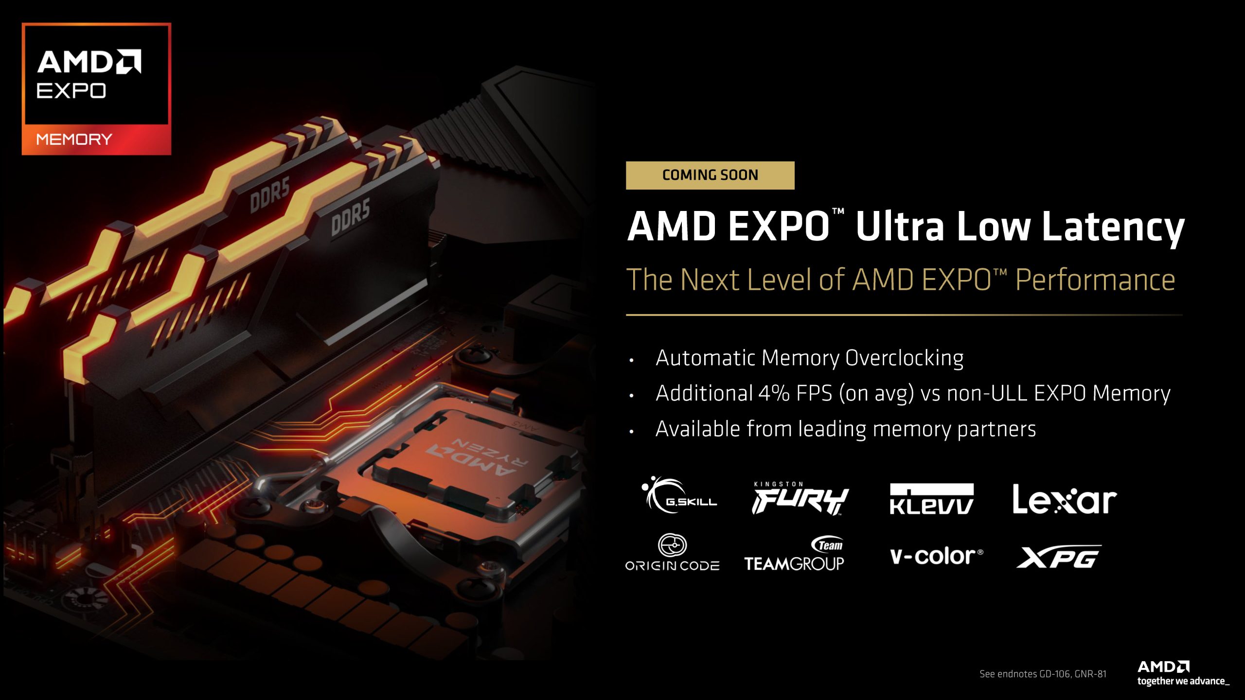 A promotional graphic for 'AMD EXPO Ultra Low Latency' memory, featuring DDR5 RAM sticks, showcasing benefits like automatic memory overclocking and additional 4% FPS, with logos of partners including G.SKILL, Kingston FURY, and Lexar.