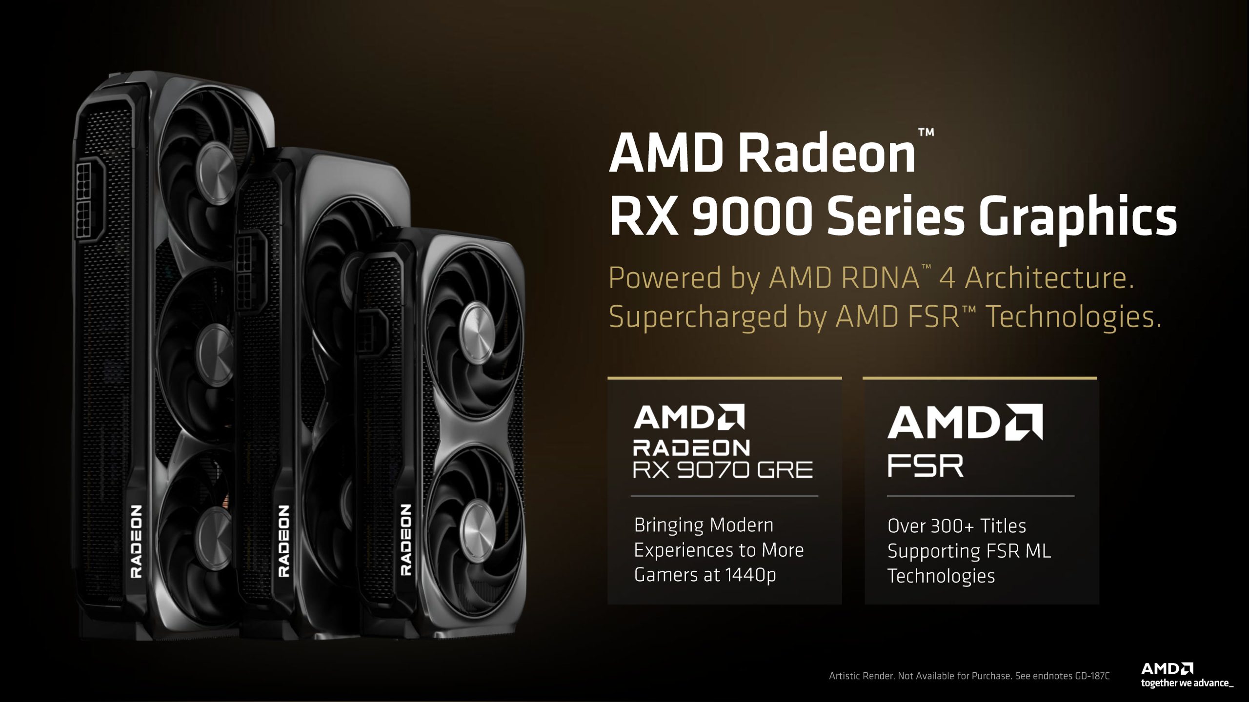 Several AMD Radeon RX 9000 Series graphics cards are displayed alongside text promoting 'AMD RDNA 4 Architecture' and 'AMD FSR Technologies,' featuring the 'AMD Radeon RX 9070 GRE' model.
