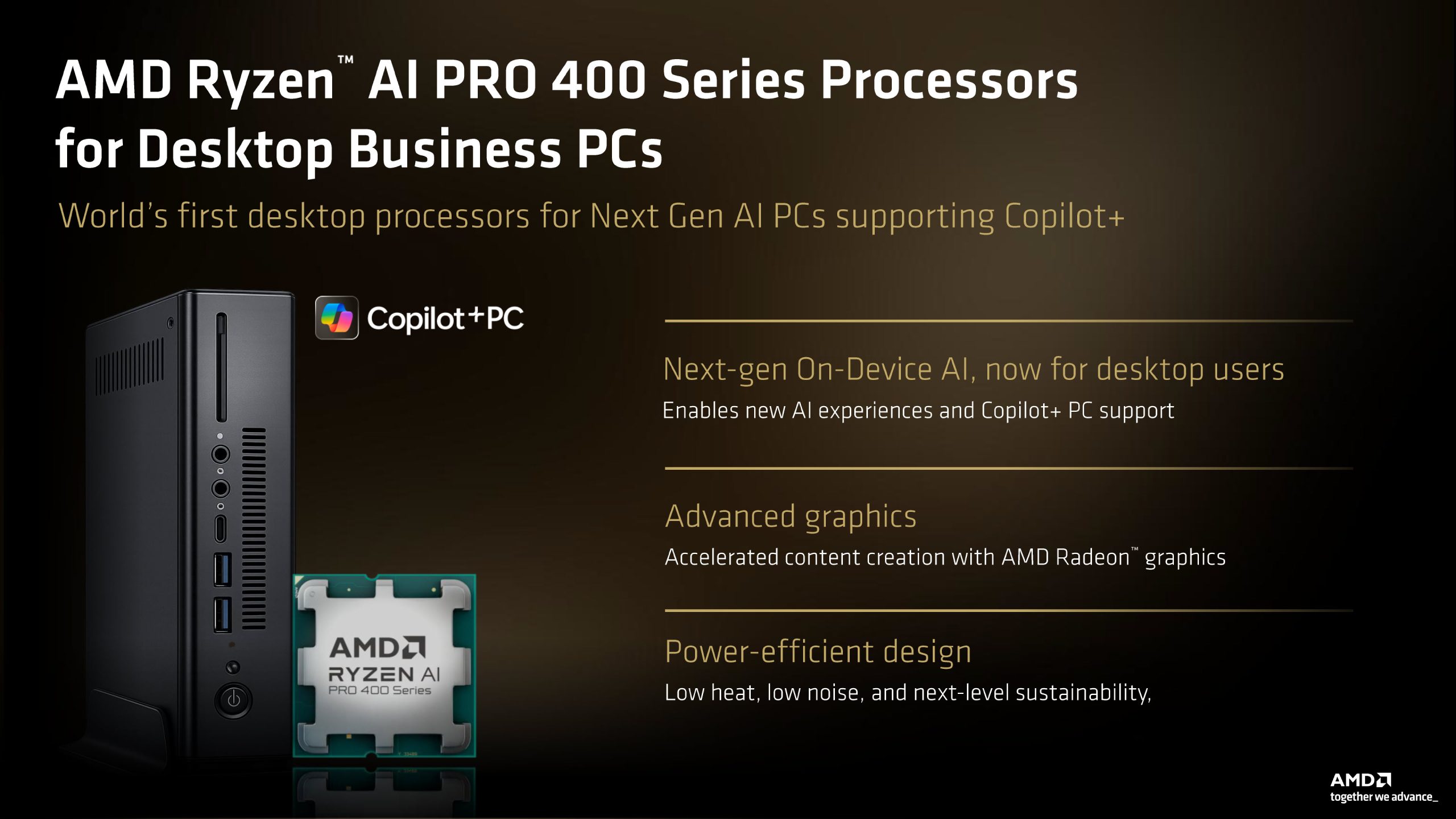 The image shows an advertisement for AMD Ryzen AI PRO 400 Series Processors for Desktop Business PCs with features like Next-gen On-Device AI, Advanced graphics, and Power-efficient design.