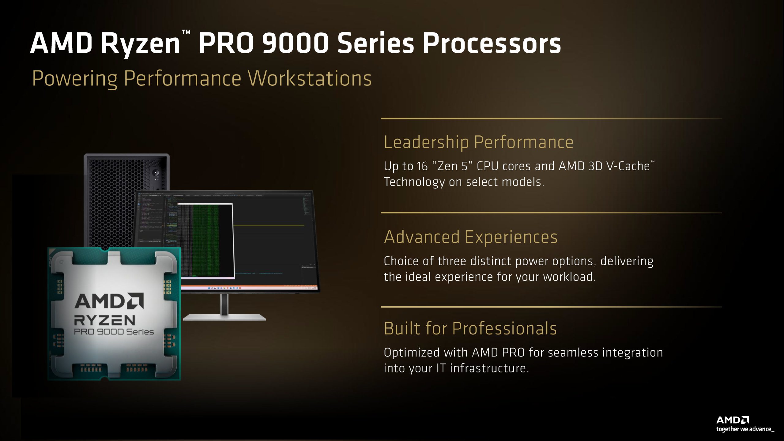 An AMD Ryzen PRO 9000 Series processor advertisement highlights features like 'Leadership Performance' with up to 16 Zen 5 CPU cores, 'Advanced Experiences' with power options, and being 'Built for Professionals' with AMD PRO integration.