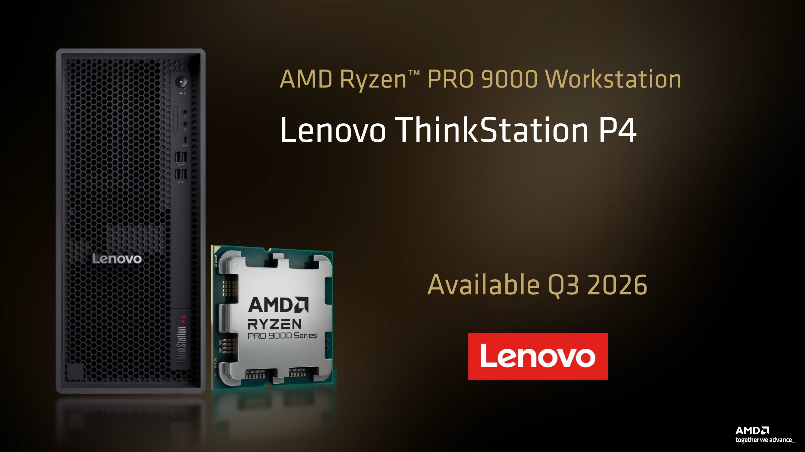 The image shows a Lenovo ThinkStation P4 with an AMD Ryzen PRO 9000 Series processor, labeled 'Available Q3 2026'.
