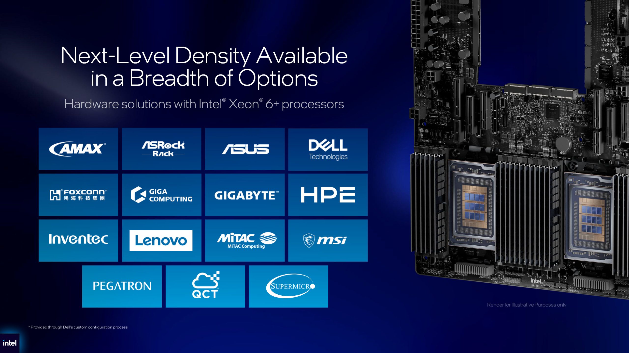A presentation slide titled 'Next-Level Density Available in a Breadth of Options' shows hardware solutions with Intel Xeon 6+ processors, featuring brand logos including ASUS, Dell Technologies, Gigabyte, Lenovo, MSI, and Supermicro, alongside an image of a motherboard with Intel processors.