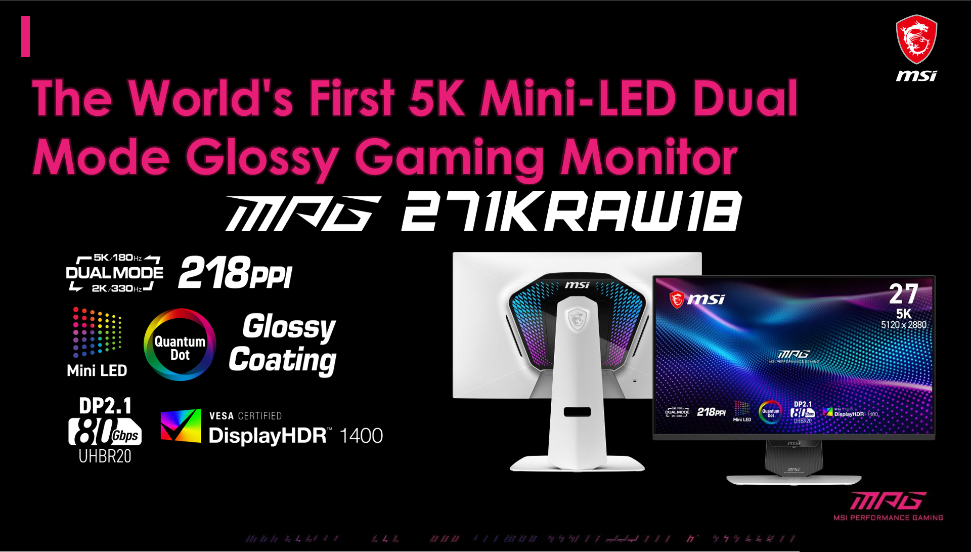 The MSI MPG 271KRAW18 is showcased as the world's first 5K Mini-LED dual mode glossy gaming monitor featuring '218 PPI,' 'Quantum Dot,' and 'DisplayHDR 1400' with a 27-inch 5120 x 2880 display.