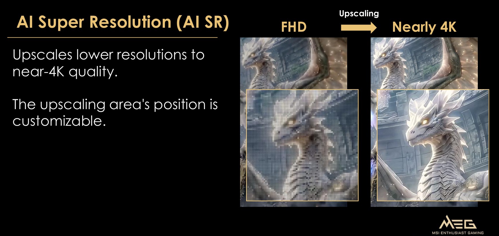 An image illustrating 'AI Super Resolution (AI SR)' technology by MSI, showing the difference between 'FHD' and 'Nearly 4K' quality through the upscaling of a dragon image, highlighting customizable position of the upscaling area.