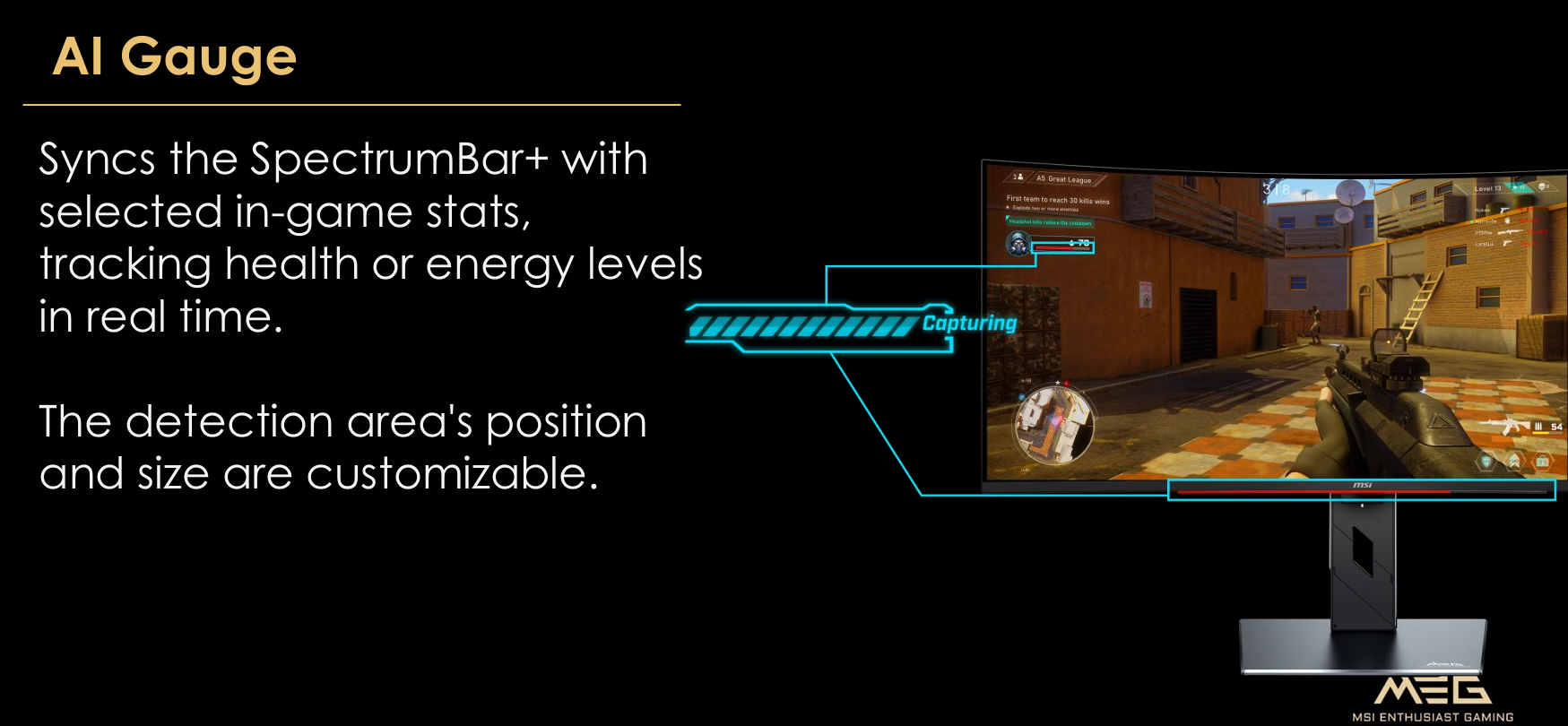 The image shows an MSI MEG monitor displaying a first-person shooter game with an overlay describing how the 'AI Gauge' syncs the SpectrumBar+ to track in-game health or energy levels in real-time.