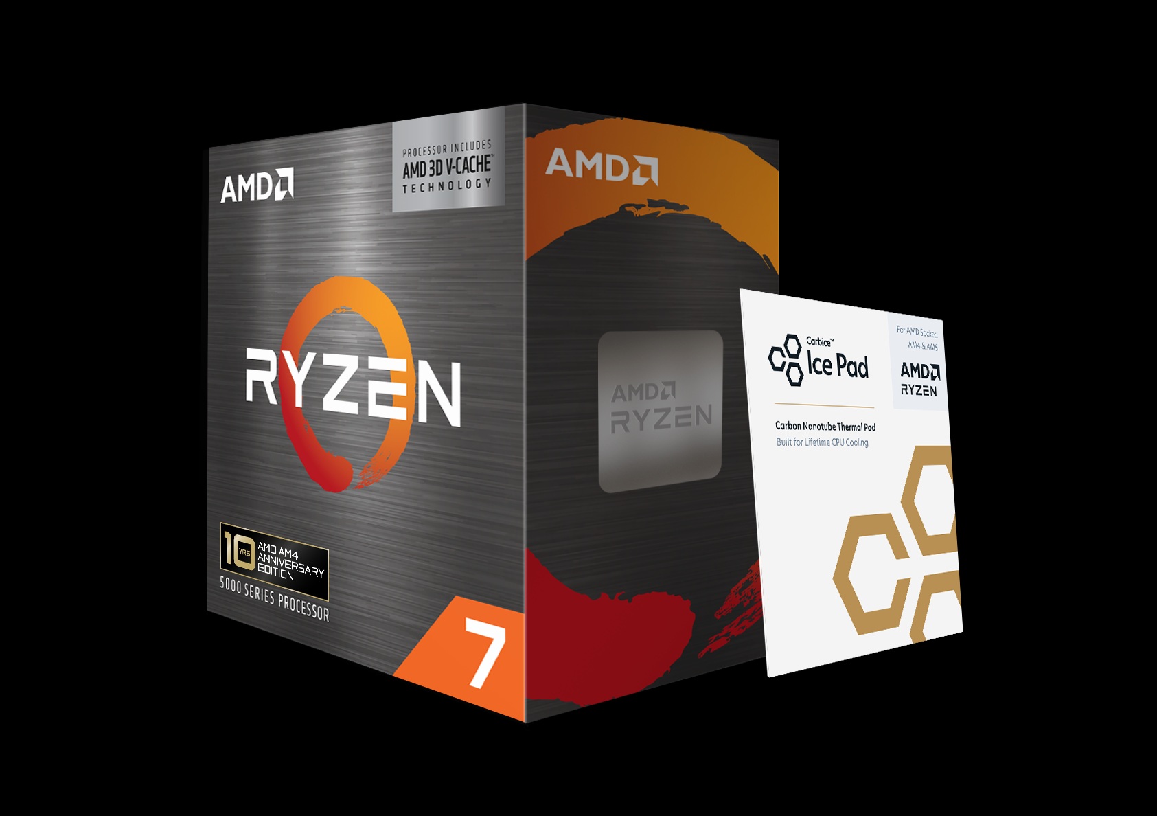 A box of AMD Ryzen 7 5000 series processor with 'AMD 3D V-Cache Technology' text, alongside a card for Cetric Ice Pad carbon nanotube thermal pad.
