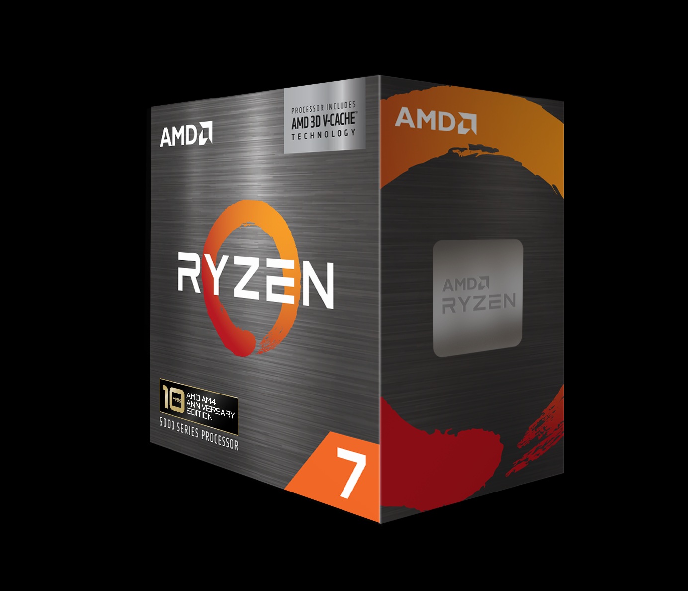 The image shows an AMD Ryzen 7 5000 Series processor box featuring 'AMD 3D V-Cache technology' with a '10 AMD A4 Anniversary Edition' label.