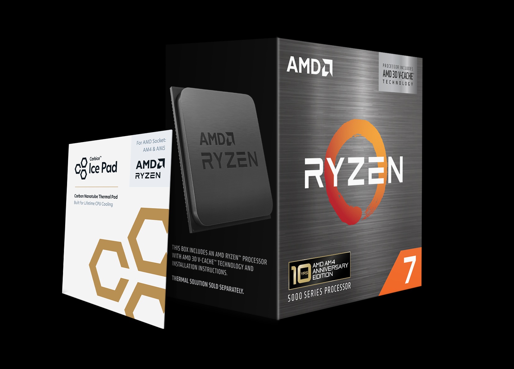 The image shows an AMD Ryzen 5000 series processor box next to a Carbide Ice Pad thermal pad package for AMD Socket AM4 & AM5.