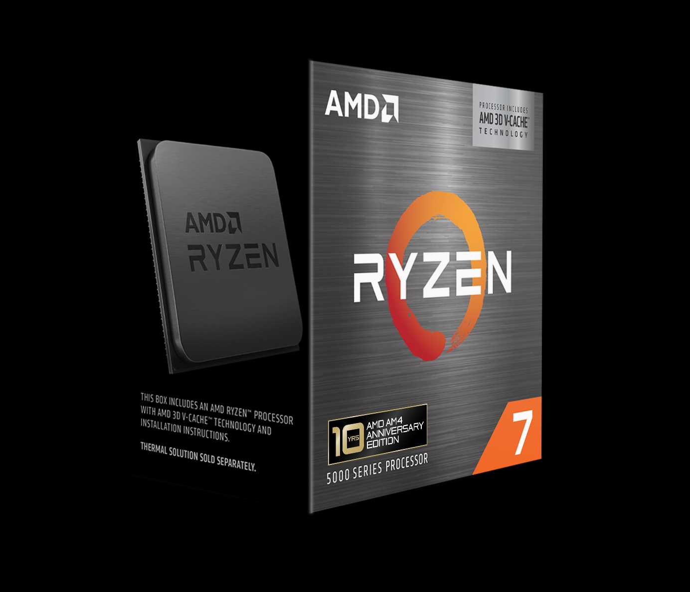 A box and processor for the 'AMD Ryzen 7 5000 Series Processor' with 'AMD 3D V-CACHE Technology' are displayed, featuring '10 AMD AM4 Anniversary Edition' branding.