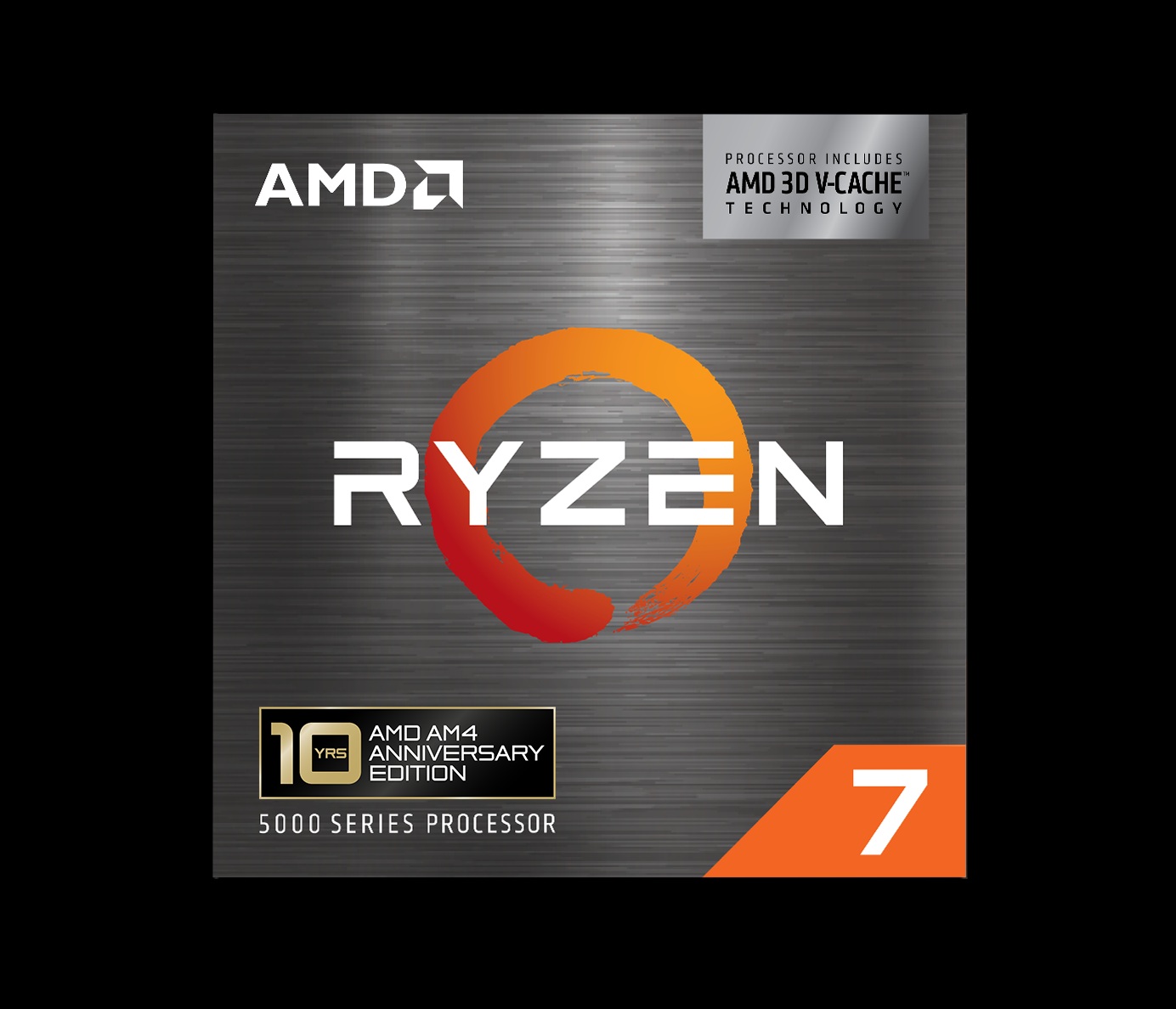 Packaging for the AMD Ryzen 7 5000 series processor with highlights of AMD 3D V-Cache technology and the '10 YRS AMD AM4 ANNIVERSARY EDITION' badge.