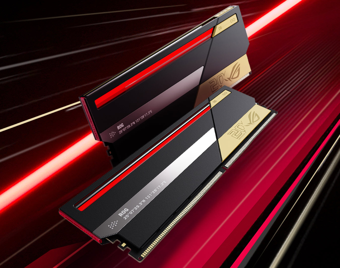 Two ASUS ROG RAM modules with a red and black design, featuring gold accents and 'ROG' branding.