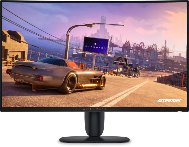 A scene from the game Screamer shows a sports car driving on a highway with 'Alienware' and 'ANCR1' visible, displayed on an Alienware monitor.