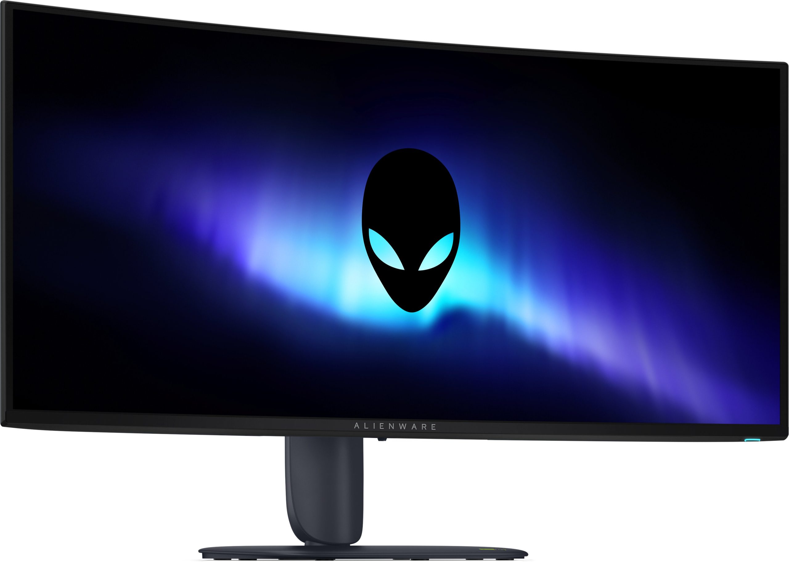 A Dell Alienware monitor displaying a glowing blue and purple background with an Alienware logo in the center.