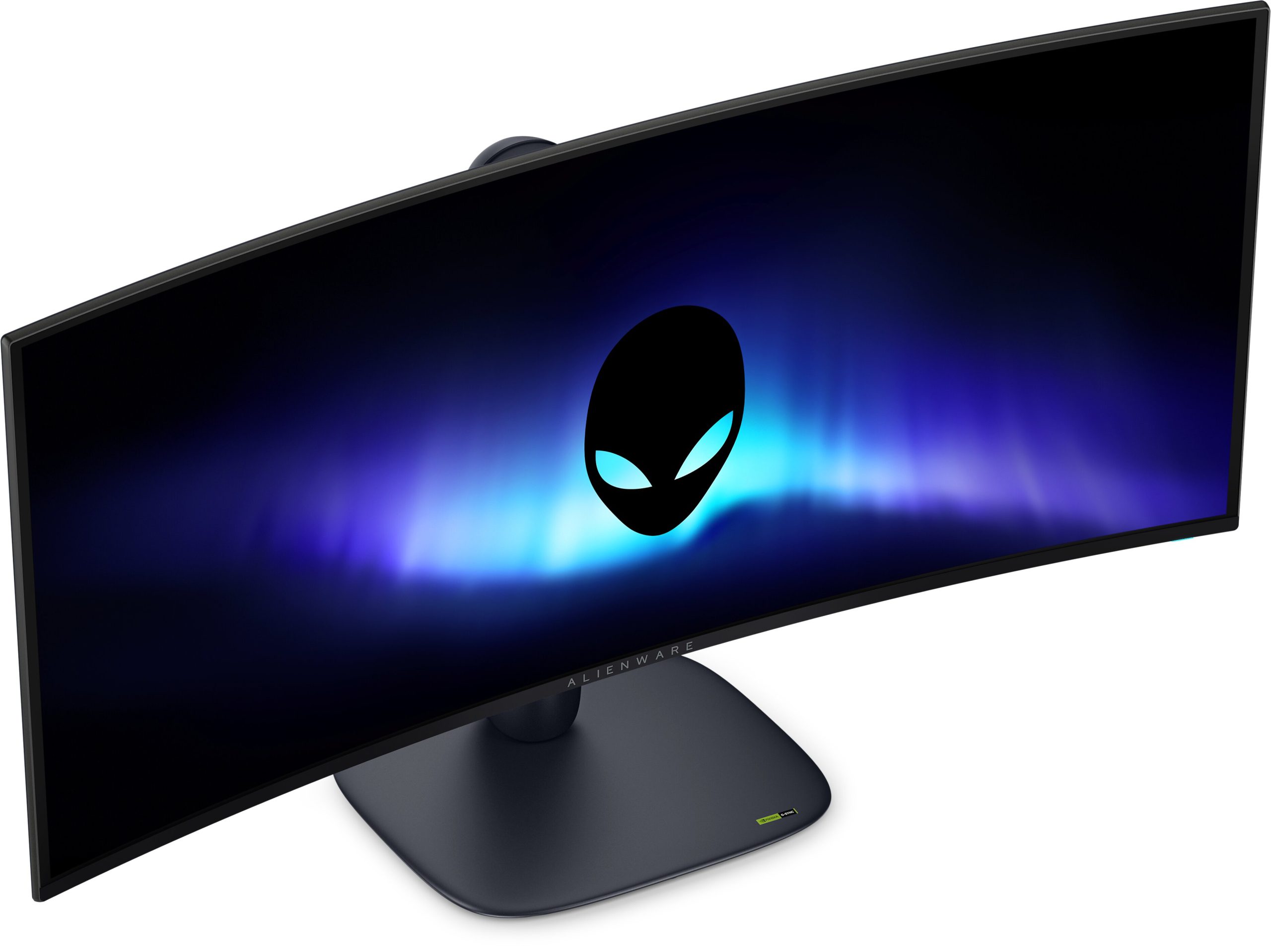 A curved Alienware gaming monitor with a glowing alien logo on the screen and the NVIDIA G-SYNC badge on the base.