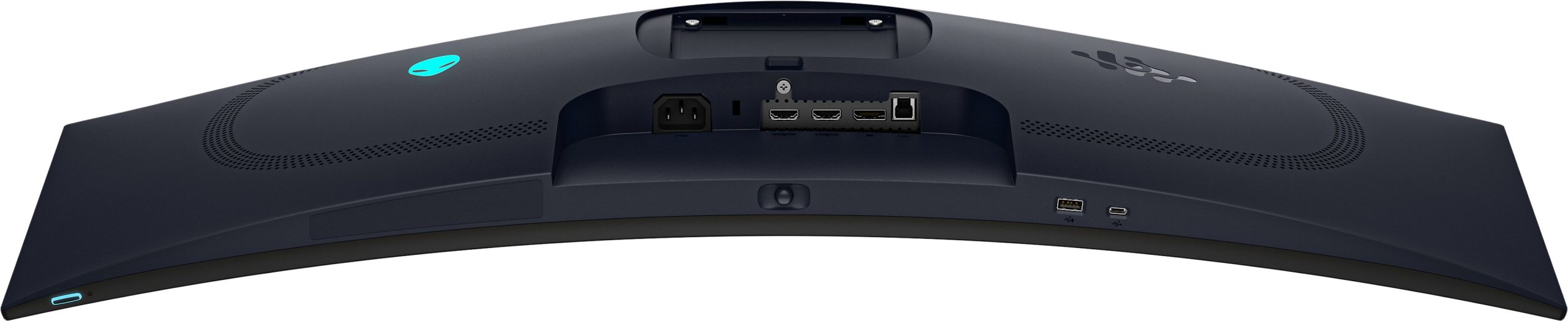 The back panel of a curved Alienware monitor displays ports including two HDMI, one DisplayPort, one USB-C, and power input.