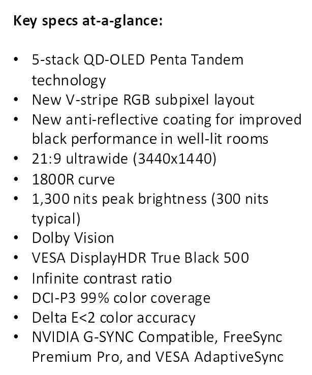 A list of key specifications highlights a display featuring '5-stack QD-OLED Penta Tandem technology,' a '21:9 ultrawide (3440x1440)' resolution, '1,300 nits peak brightness,' and compatibility with 'NVIDIA G-SYNC,' 'FreeSync Premium Pro,' and 'VESA AdaptiveSync.'