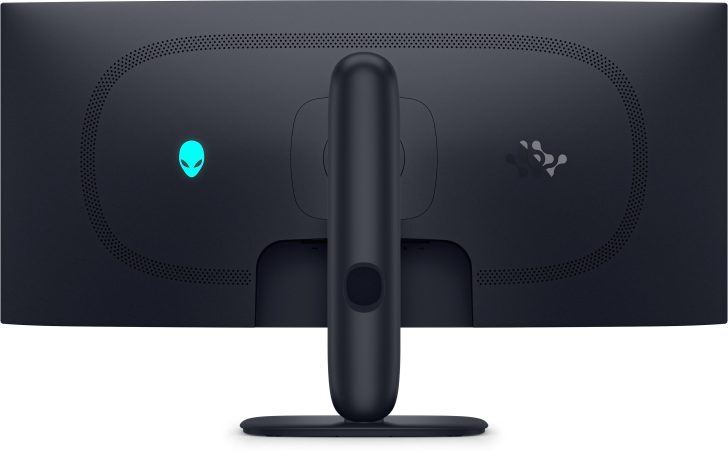 The back view of an Alienware gaming monitor features the Alienware logo and a centrally mounted stand.