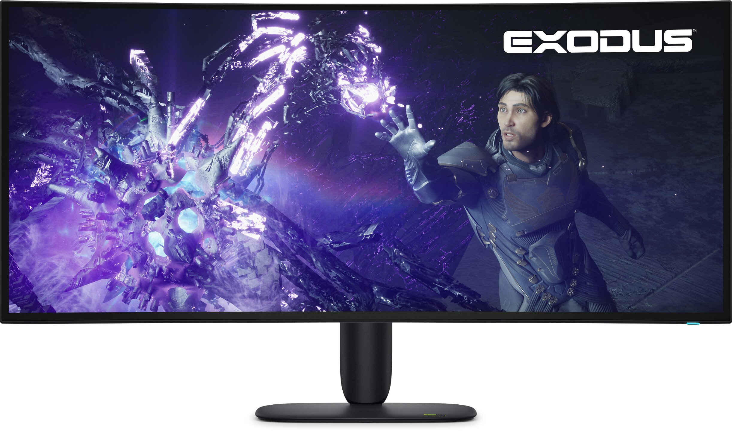 A Dell monitor displays a gaming scene from 'Exodus,' featuring a character in a futuristic suit interacting with a bright, purple, crystalline structure.