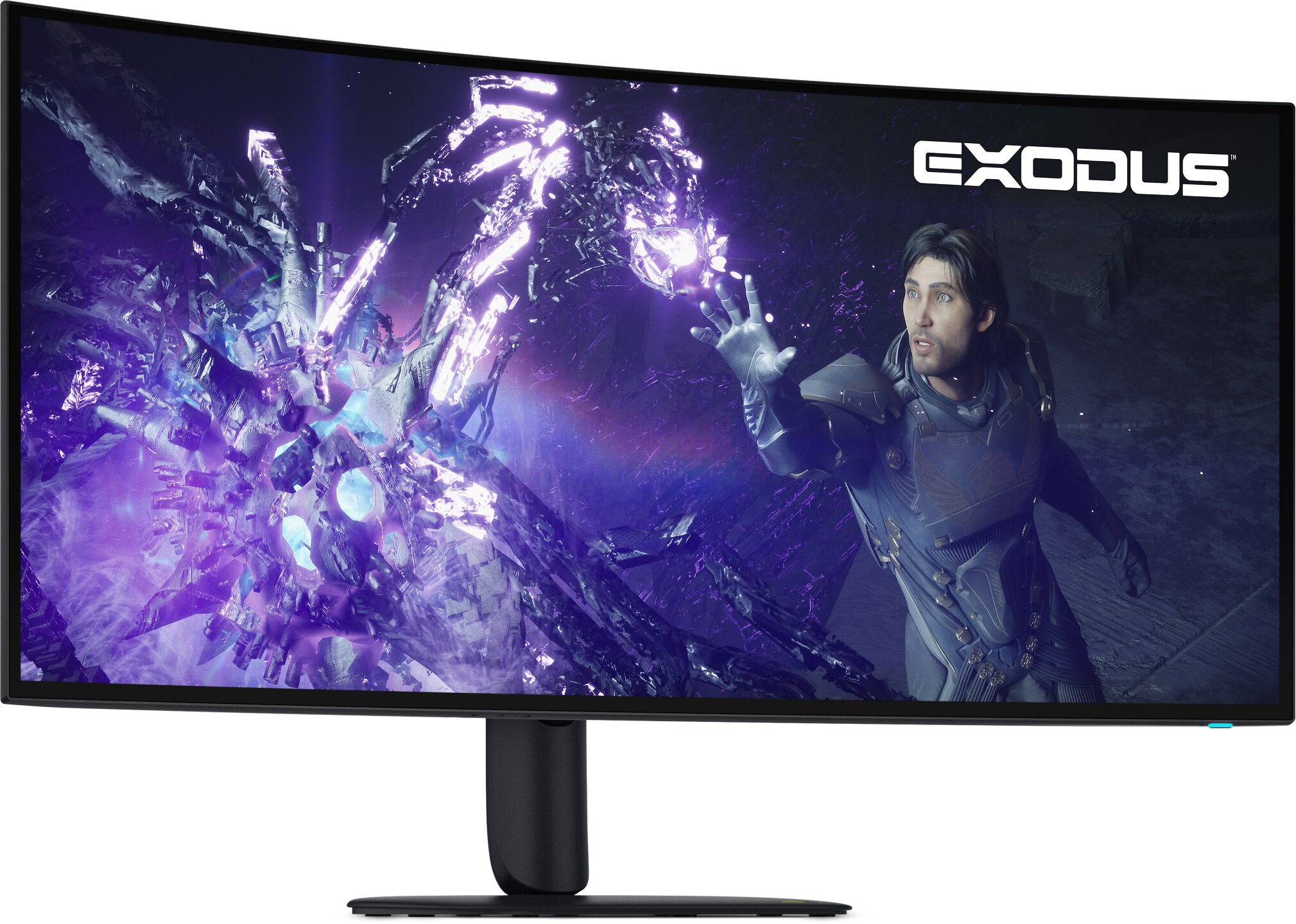A curved monitor displaying gameplay from 'EXODUS' features a character reaching towards a glowing, crystalline structure.