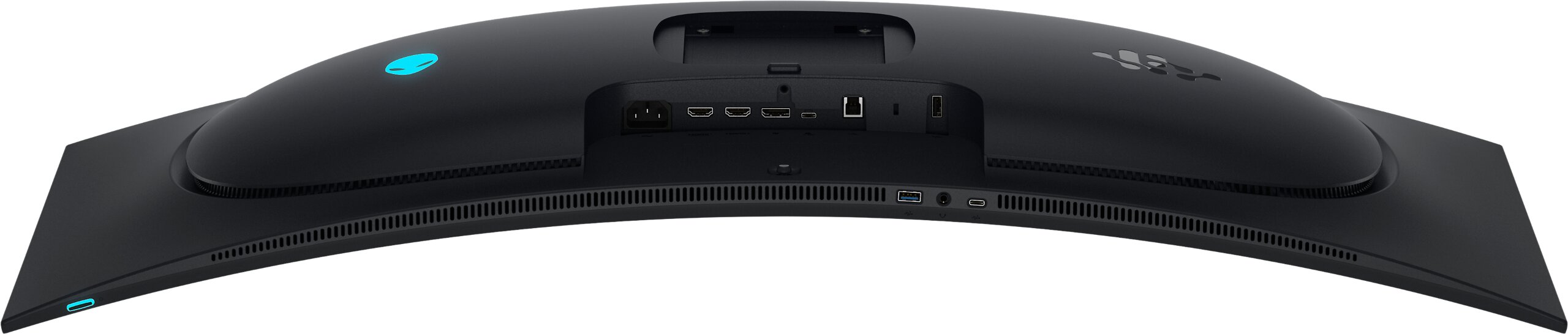 The back view of a curved Alienware monitor with multiple ports including HDMI, USB, and Ethernet connections, and an illuminated Alienware logo.