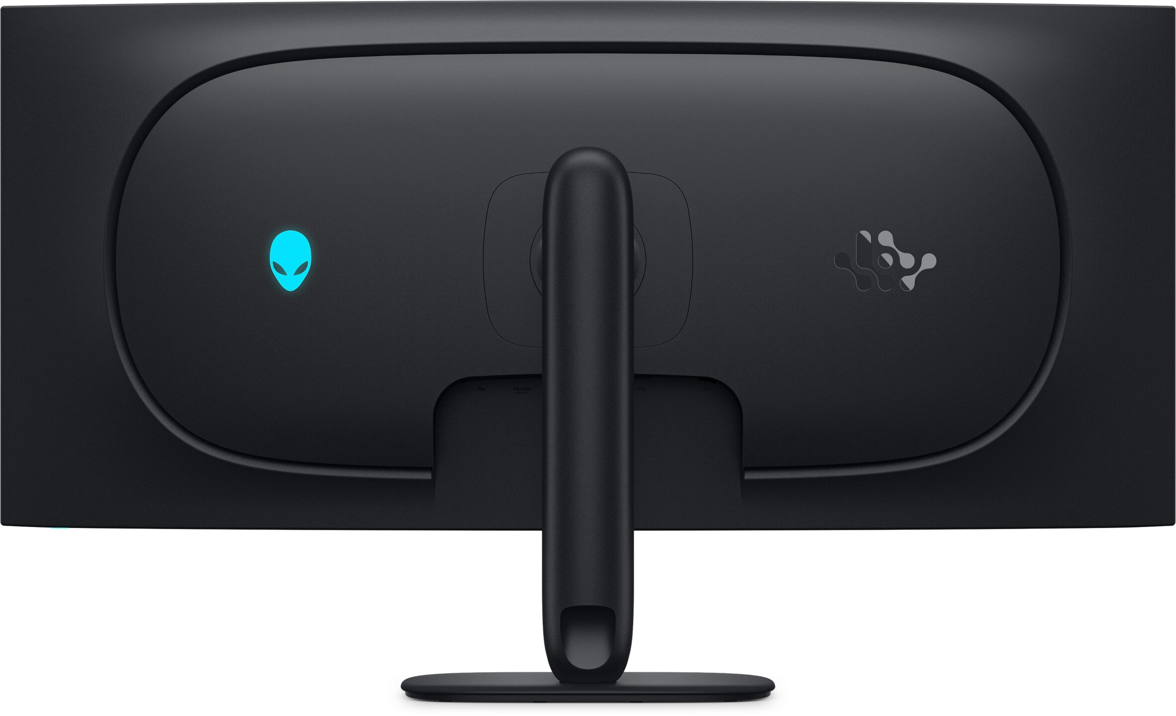 The back view of an Alienware monitor with a glowing alien logo and VESA mount stand.