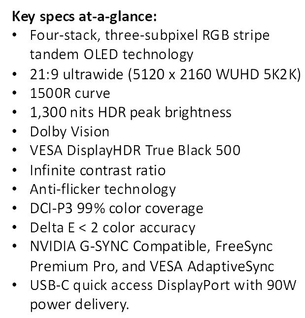 A specifications list highlights a display featuring Four-stack, three-subpixel RGB stripe tandem OLED technology, 21:9 ultrawide (5120 x 2160 WUHD 5K2K), 1,300 nits HDR peak brightness, NVIDIA G-SYNC Compatible, and VESA DisplayHDR True Black 500.