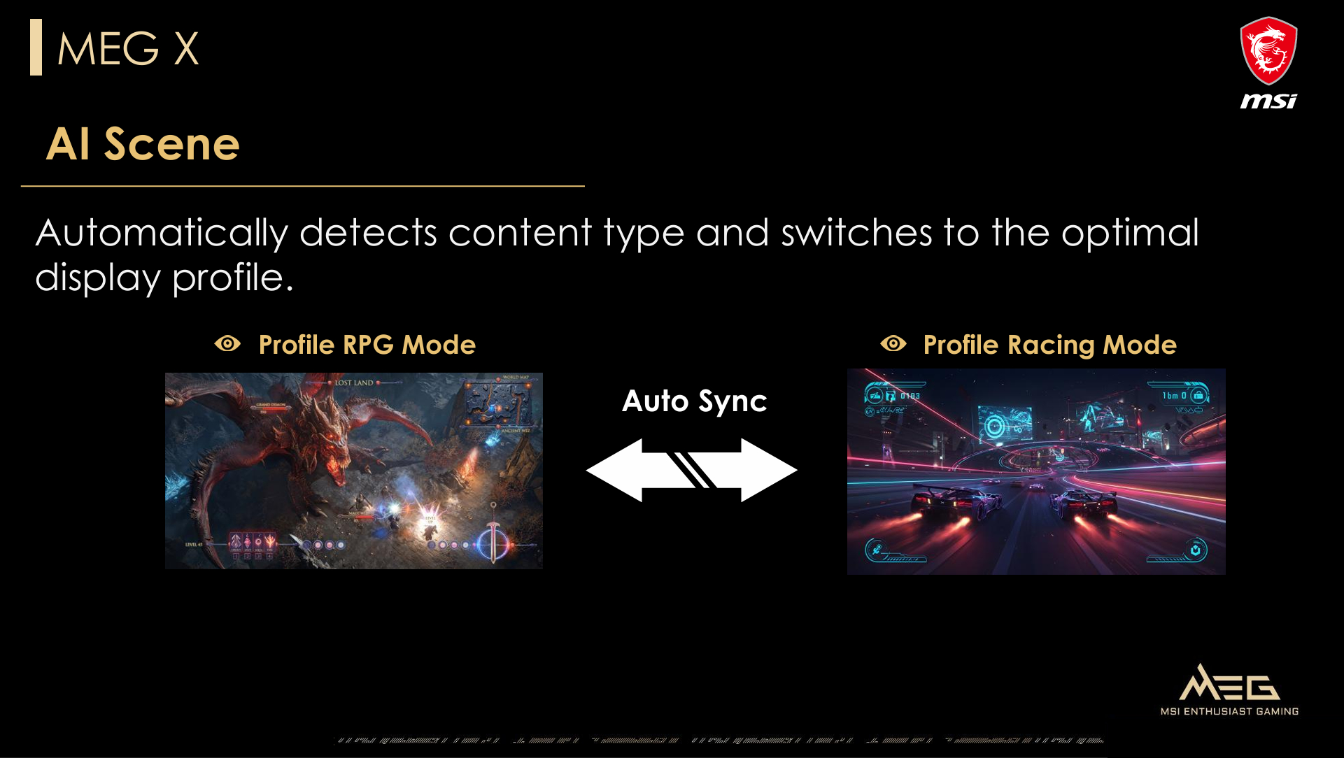 The image shows an MSI presentation slide for 'MEG X AI Scene,' illustrating the automatic switching between 'Profile RPG Mode' and 'Profile Racing Mode' for optimal display.