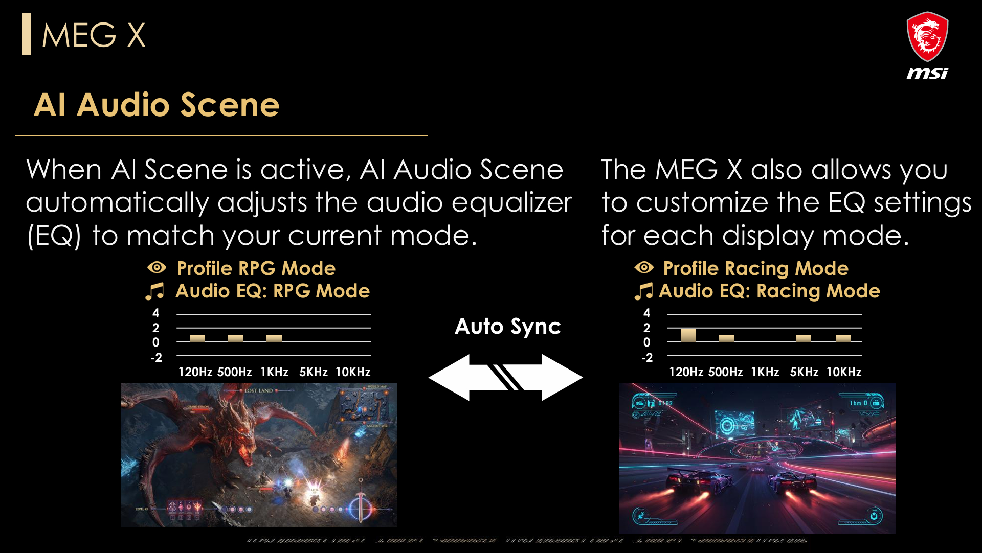 The MSI MEG X features an 'AI Audio Scene' that automatically adjusts the audio equalizer for different modes, with 'Profile RPG Mode' and 'Profile Racing Mode' displaying distinct EQ settings.