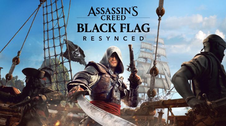 A hooded pirate character on a ship's deck holds a sword and a flintlock pistol under the title 'Assassin's Creed Black Flag: Resynced' with a pirate flag and sailing ship in the background.