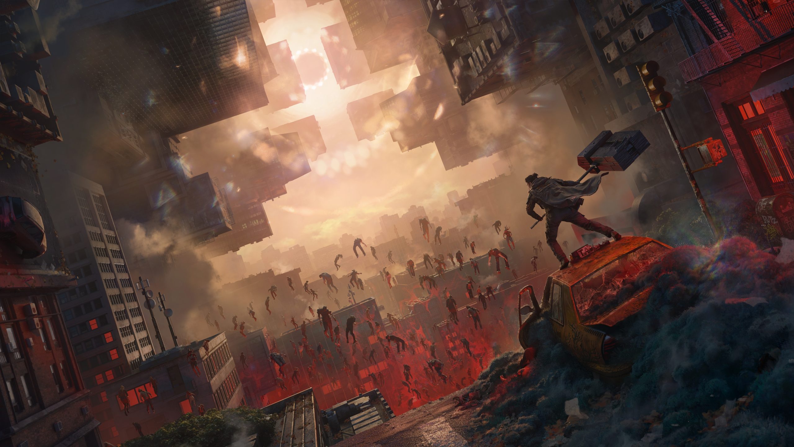 A character in the game Control Resonant stands on a wrecked taxi as floating figures rise from a surreal, distorted cityscape.