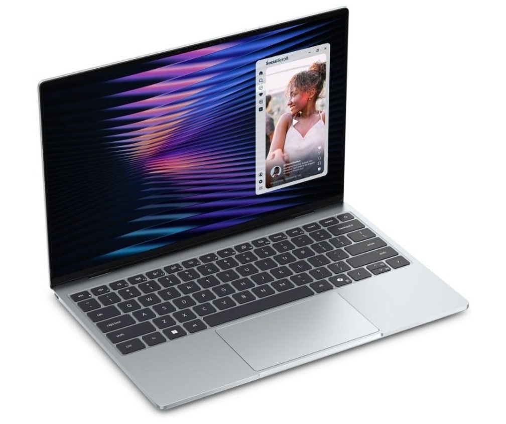 A silver laptop displays a social media app called 'SocialScroll' featuring a profile picture and options on the screen.