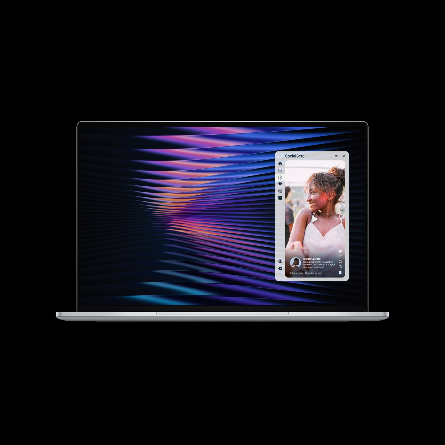 A Dell Inspiron laptop displaying a vibrant swirling pattern on the screen with a social media app interface showing 'SocialScroll' on the side.