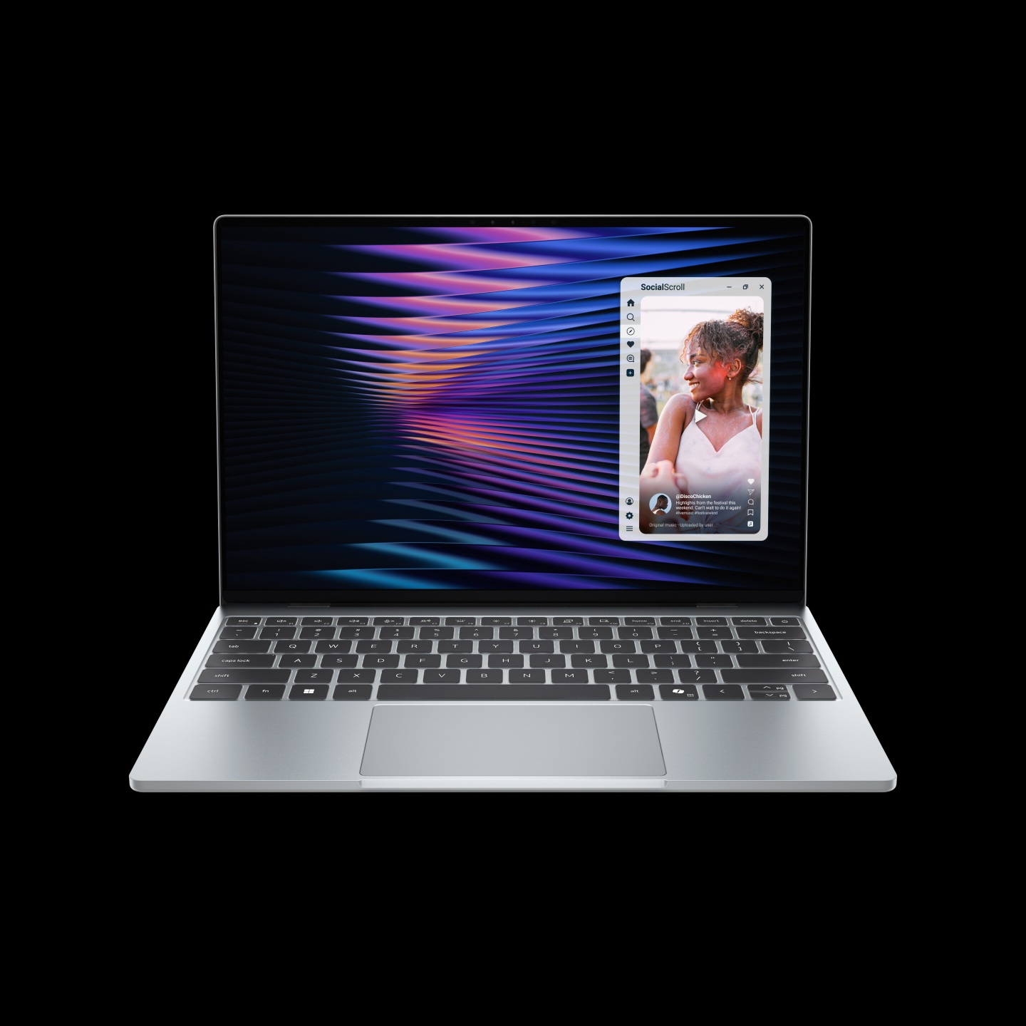 A sleek silver laptop displays a vibrant, abstract screen pattern with an app called 'SocialScroll' open, showing a woman's profile picture.