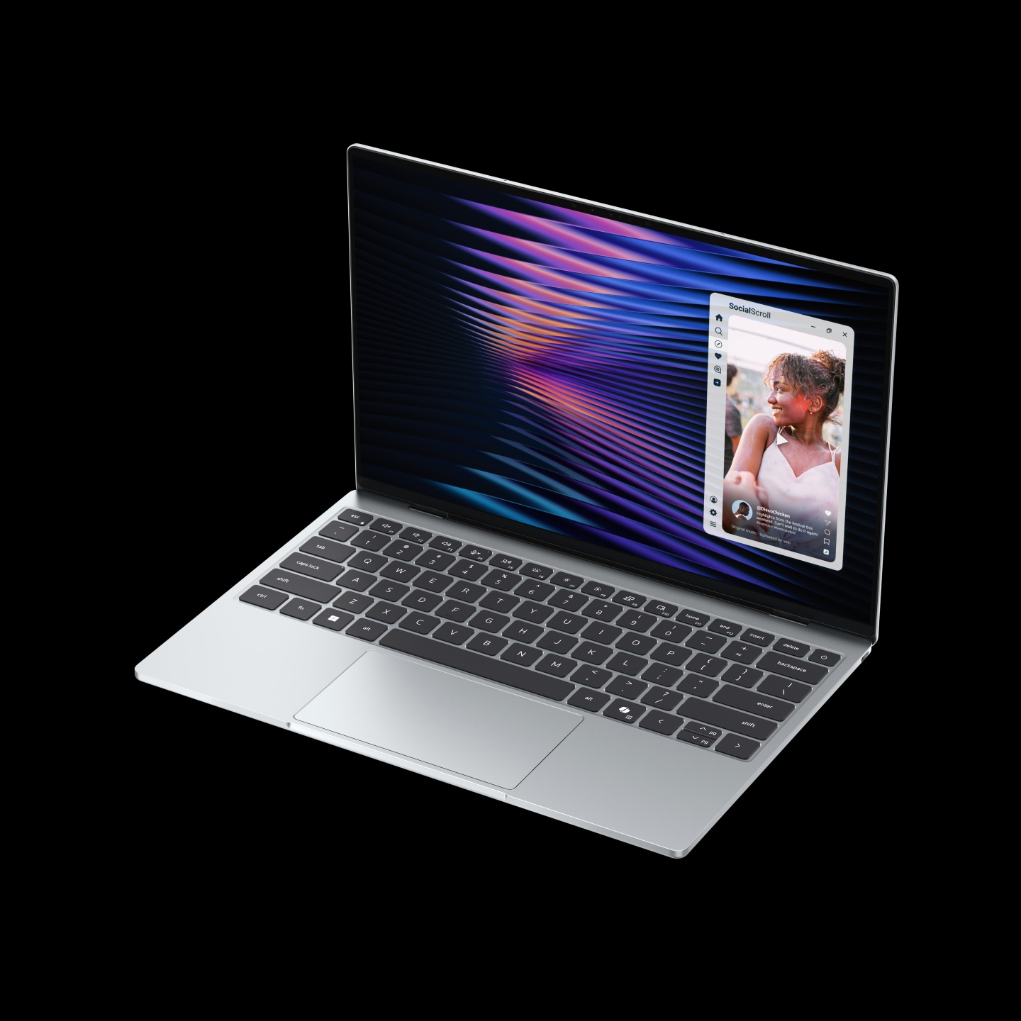 A slim, silver unbranded laptop displaying a colorful, wave-like pattern on the screen with a vertical application interface showing a social media feed on the right side.